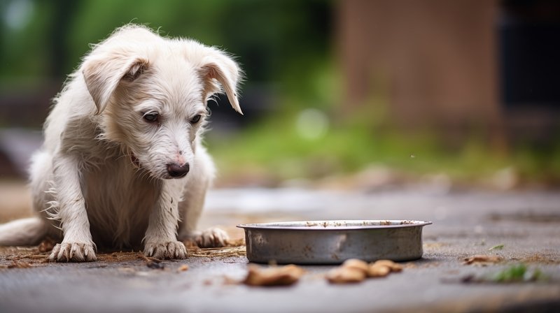Cachorro abandonado junto a un plato de comida vacío